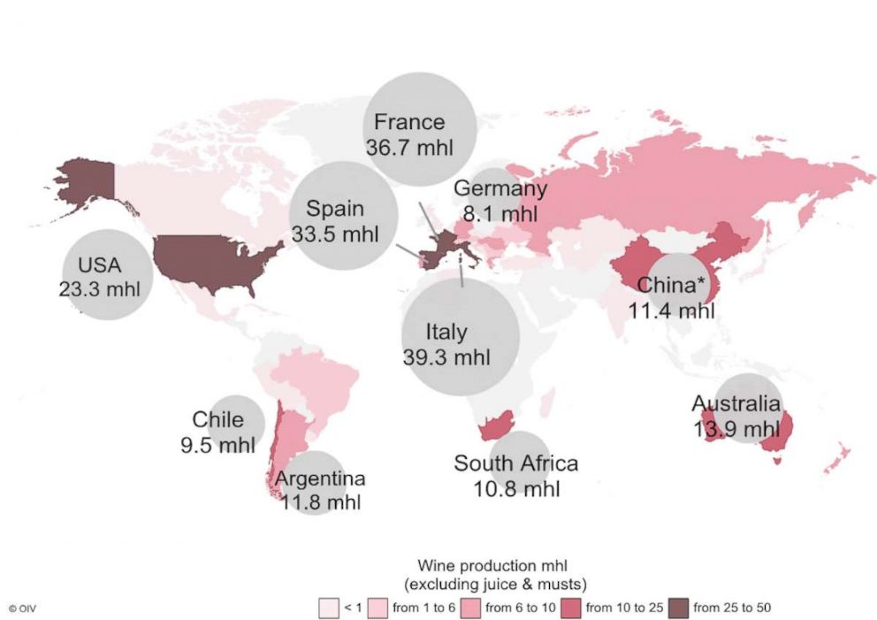 PHOTO: International Organization for Vine and Wine released 2016 data world map showing where the largest wine-producing countries are and how much wine they produced that year.