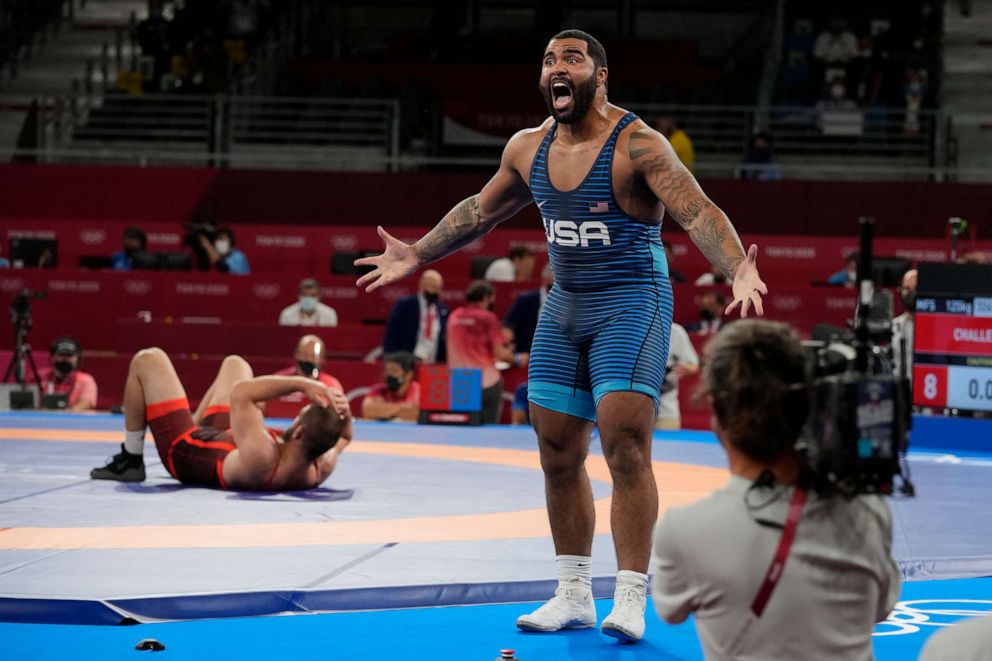 PHOTO: Gable Steveson celebrates after defeating Georgia's Gennadij Cudinovic during their men's freestyle 125kg wrestling final match at the 2020 Summer Olympics on Aug. 6, 2021, in Chiba, Japan.