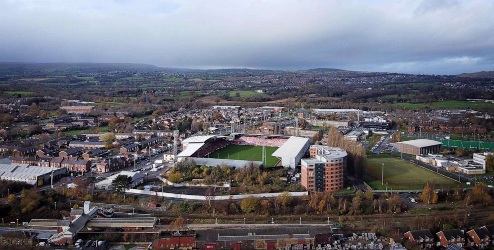 PHOTO: An arial view shows The Racecourse Ground stadium, the home of Wrexham FC, in Wrexham, Wales, Nov. 17, 2020.