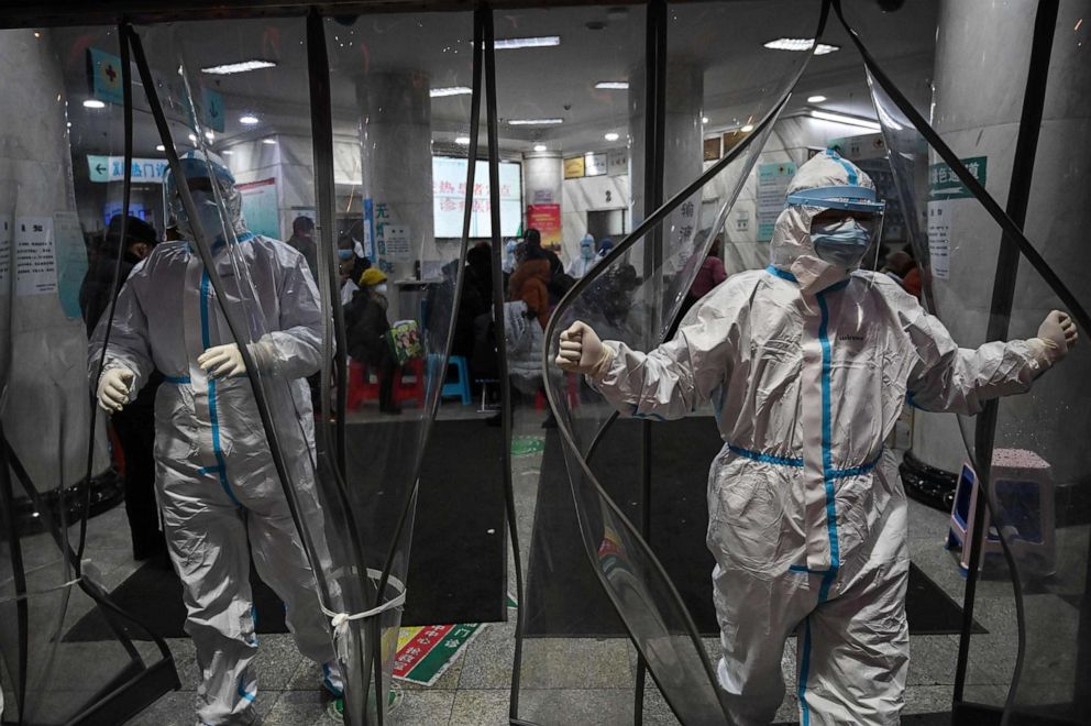 PHOTO: In this Jan. 25, 2020, file photo, medical staff members work at the Wuhan Red Cross Hospital in Wuhan, China, while wearing protective clothing to help stop the spread of a deadly virus which began in the city.