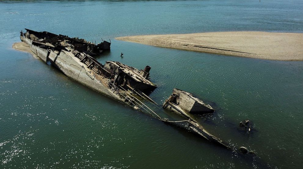 PHOTO: Wreckage of a World War II German warship is seen in the Danube in Prahovo, Serbia Aug. 18, 2022.