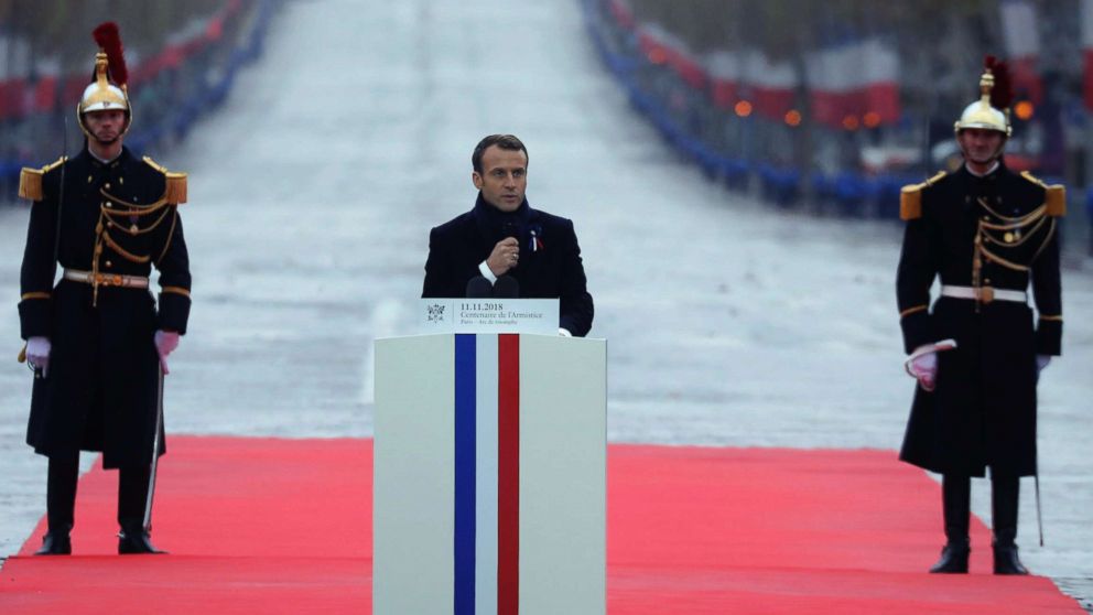 PHOTO: French President Emmanuel Macron delivers a speech during a ceremony at the Arc de Triomphe in Paris as part of the commemorations marking the 100th anniversary of the Nov. 11, 1918 armistice, ending World War I, Nov. 11, 2018. 