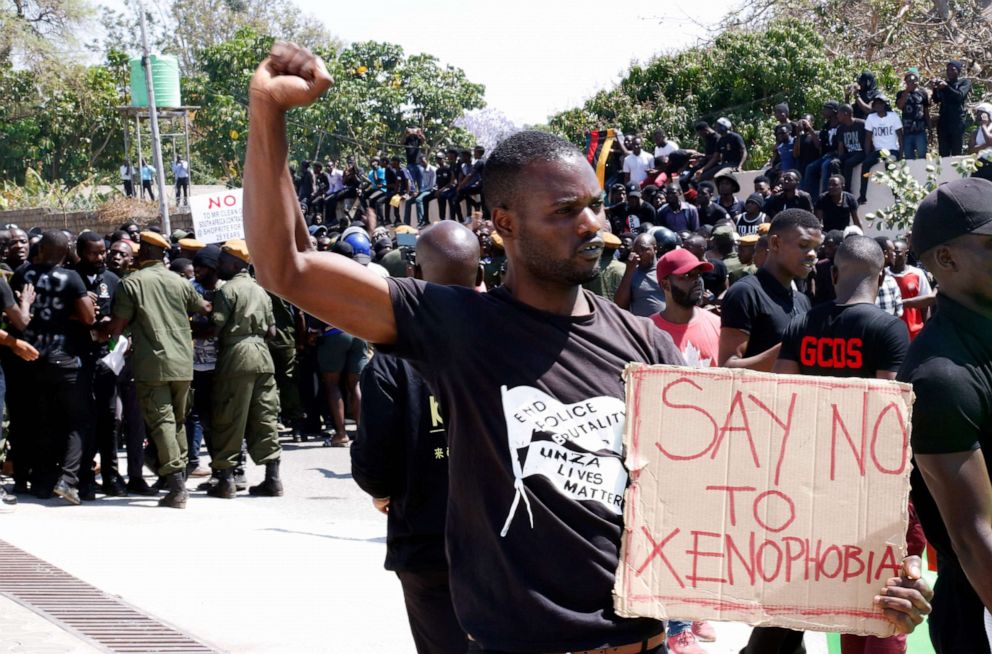PHOTO:A protester in front of the South African Embassy in Lusaka, Zambia, Sept. 4, 2019, during a demonstration against xenophobic attacks on foreign nationals in the Rainbow Nation.