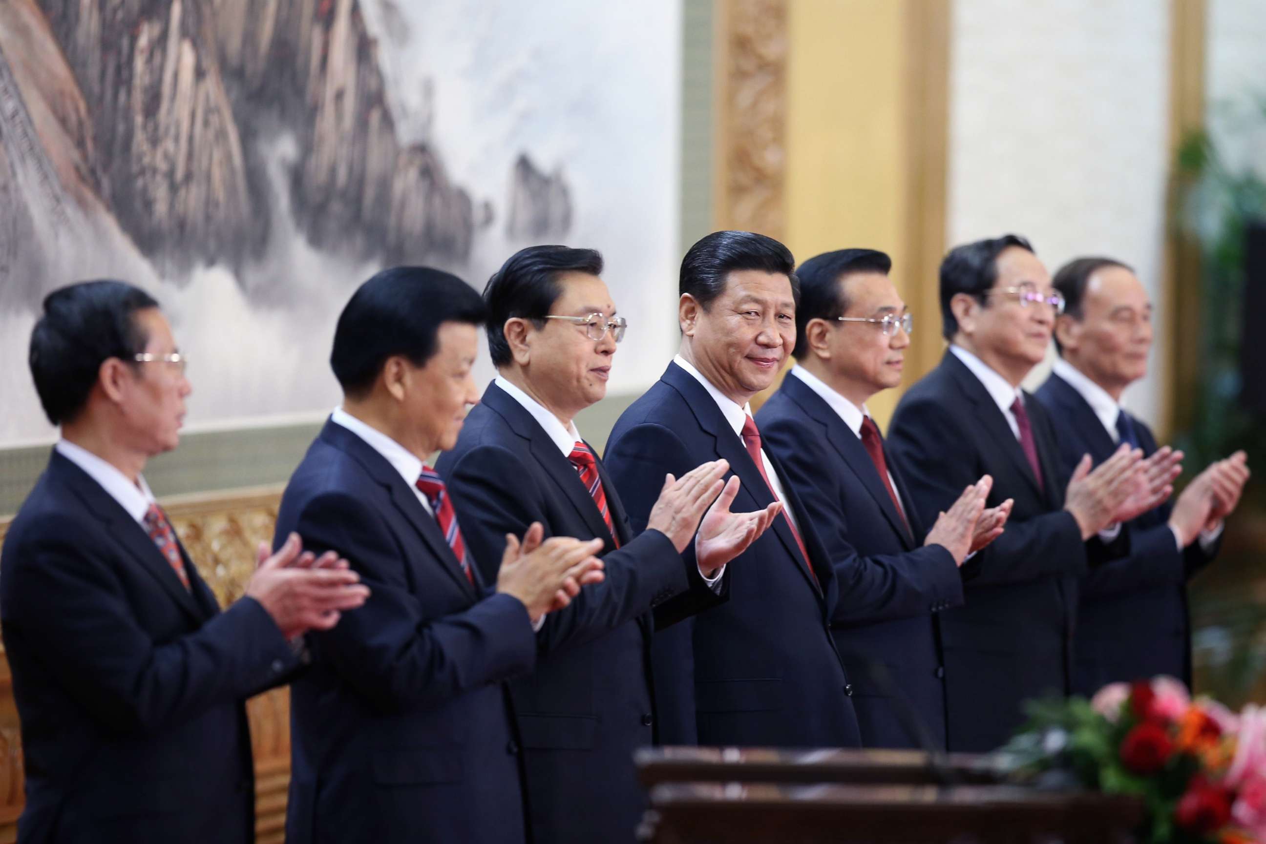 PHOTO: Xi Jinping, center, at the Great Hall of the People, Nov. 15, 2012 in Beijing, China, as the Communist Party revealed the new Politburo Standing Committee after its 18th congress.