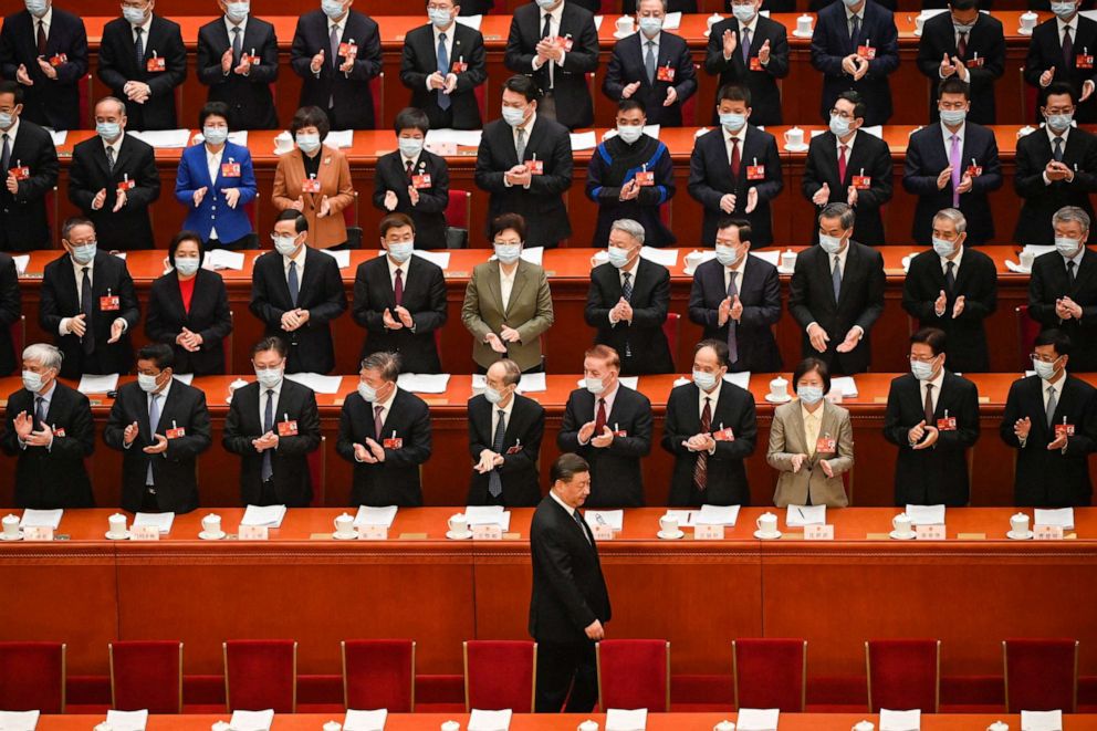 PHOTO: China's President Xi Jinping arrives for the second plenary session of the National People's Congress with other Chinese leaders at the Great Hall of the People in Beijing on March 7, 2023.