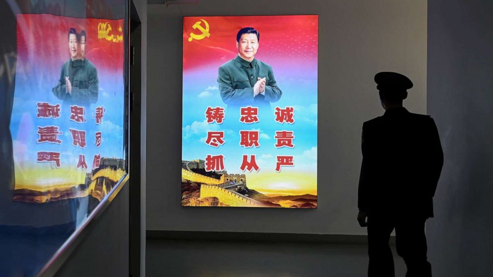 PHOTO: A portrait of China's President Xi Jinping is seen during a tour arranged for the media at a camp on the outskirts of Beijing on Sept. 25, 2019.