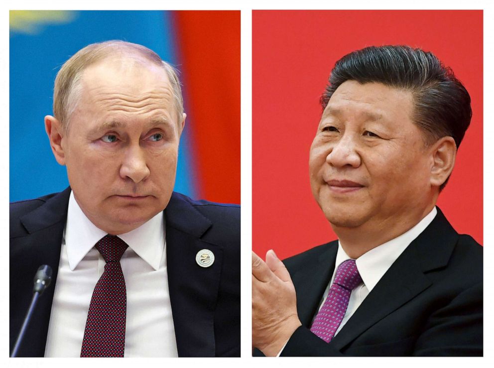 PHOTO: This combination photo shows Russian President Vladimir Putin, left, in Samarkand, Uzbekistan, on Sept. 16, 2022, and China's President Xi Jinping in Beijing on Dec. 2, 2019.