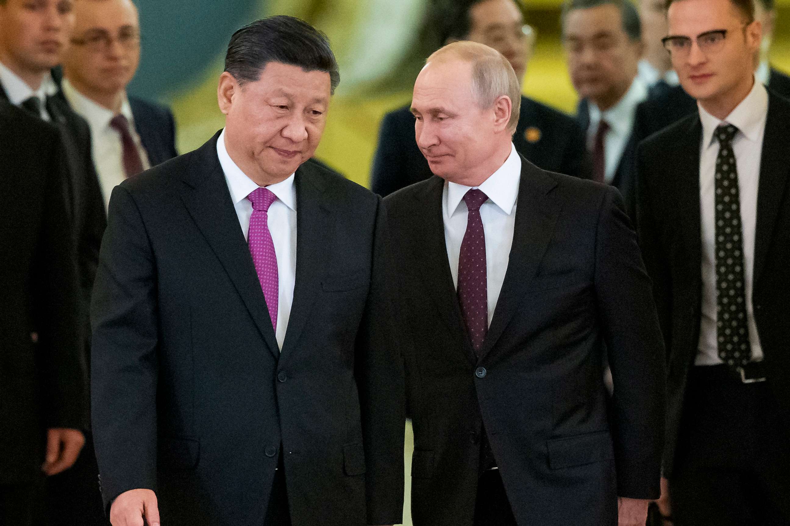 PHOTO: Chinese President Xi Jinping, left, and Russian President Vladimir Putin enter a hall for talks in the Kremlin in Moscow, Russia, June 5, 2019.