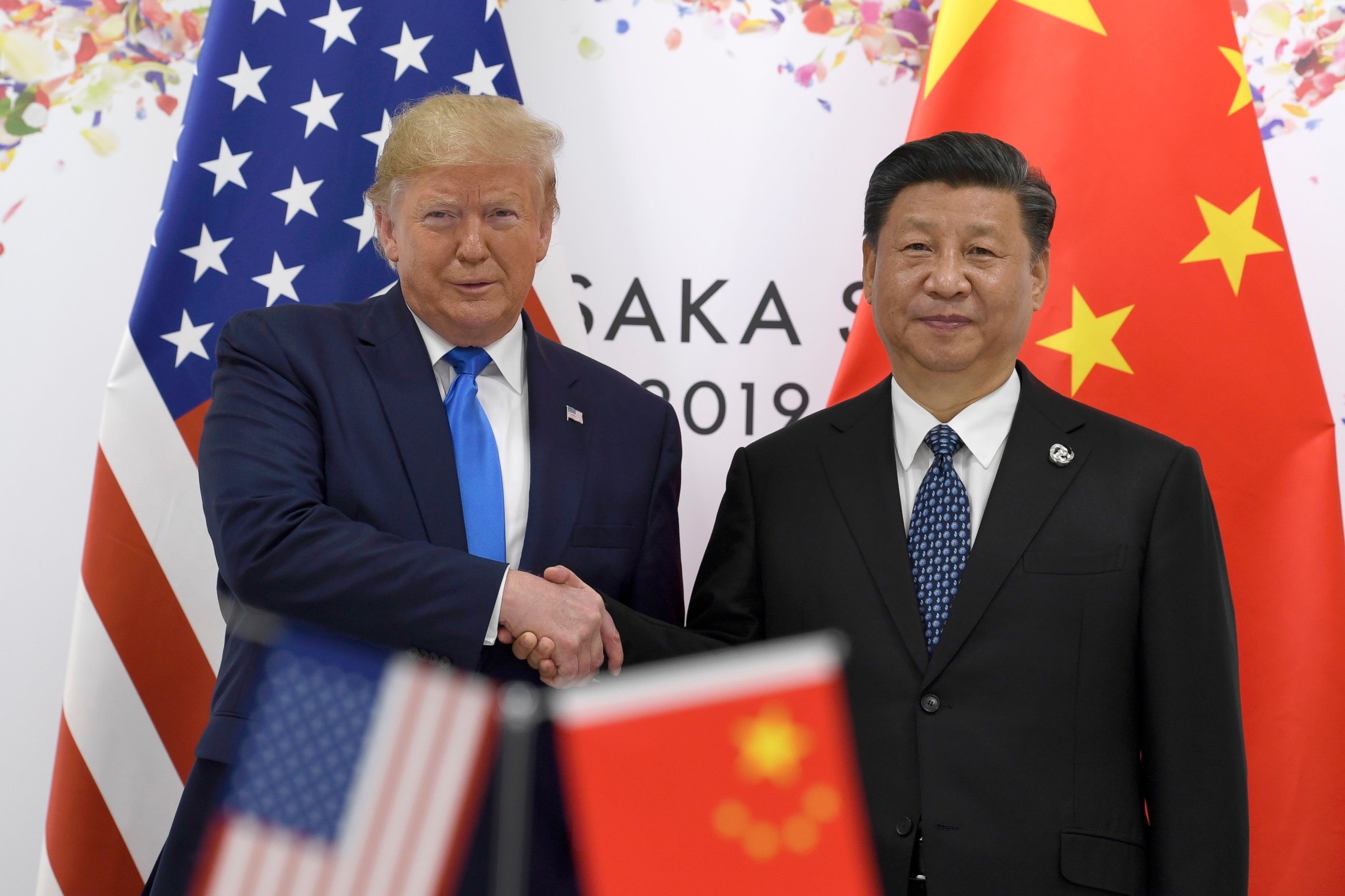 PHOTO: President Donald Trump, left, shakes hands with Chinese President Xi Jinping during a meeting on the sidelines of the G-20 summit in Osaka, Japan, Saturday, June 29, 2019.