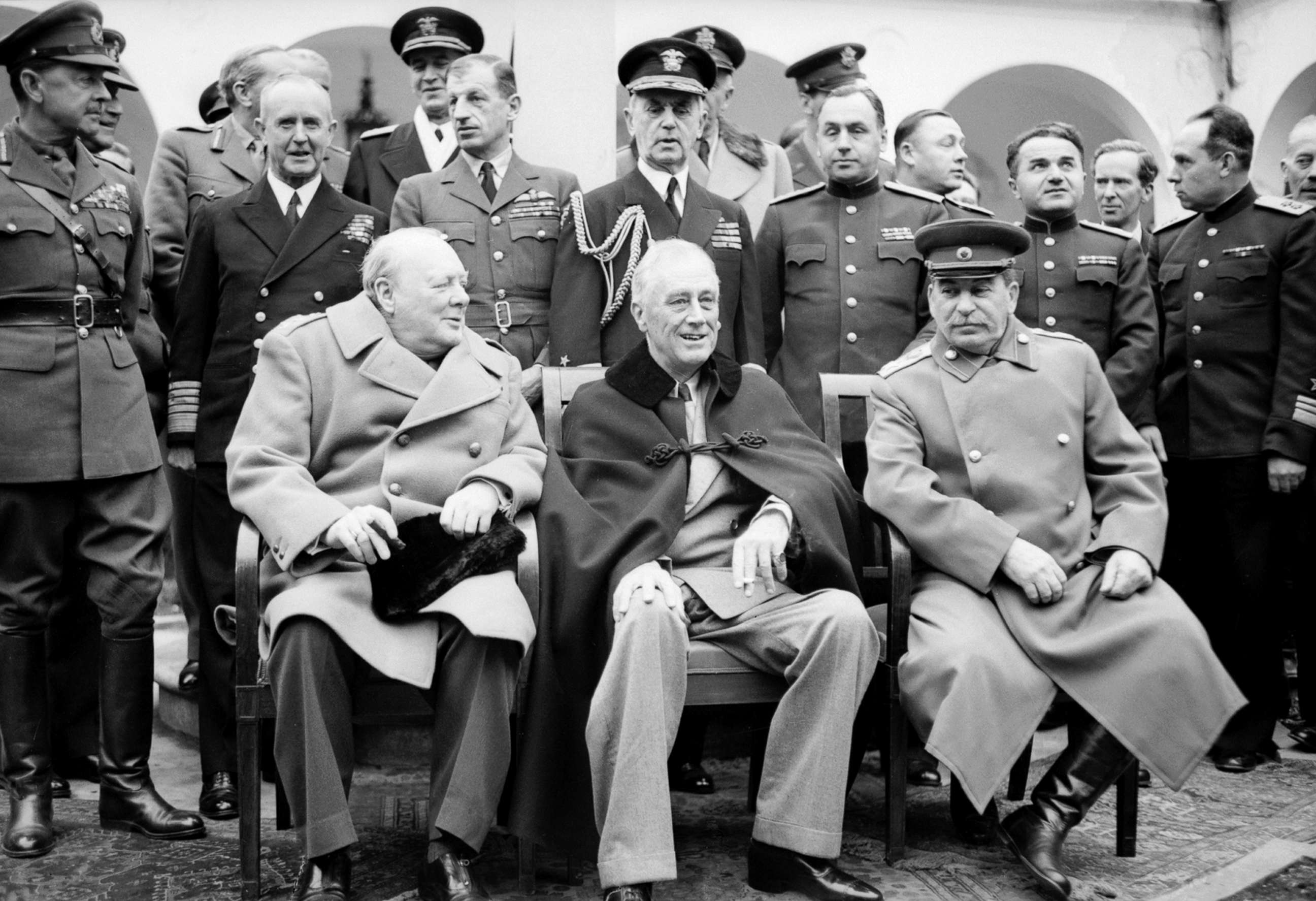 PHOTO: Winston Churchill, Franklin D Roosevelt and Jospeh Stalin sit for photographs during the Yalta Conference in February 1945.