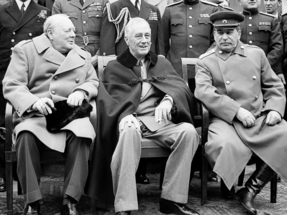 PHOTO: Winston Churchill, Franklin D Roosevelt and Jospeh Stalin sit for photographs during the Yalta Conference in February 1945.