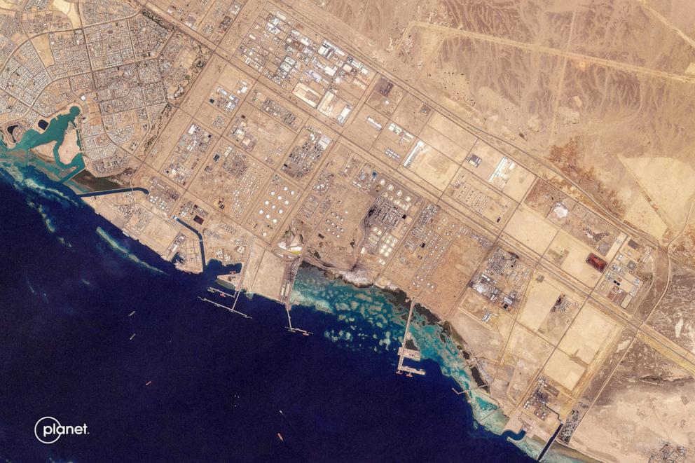 PHOTO: This handout satellite image taken by 2026 Planet Labs PBC shows the oil infrastructure at Saudi Arabia's western Red Sea port of Yanbu on March 4, 2026. 