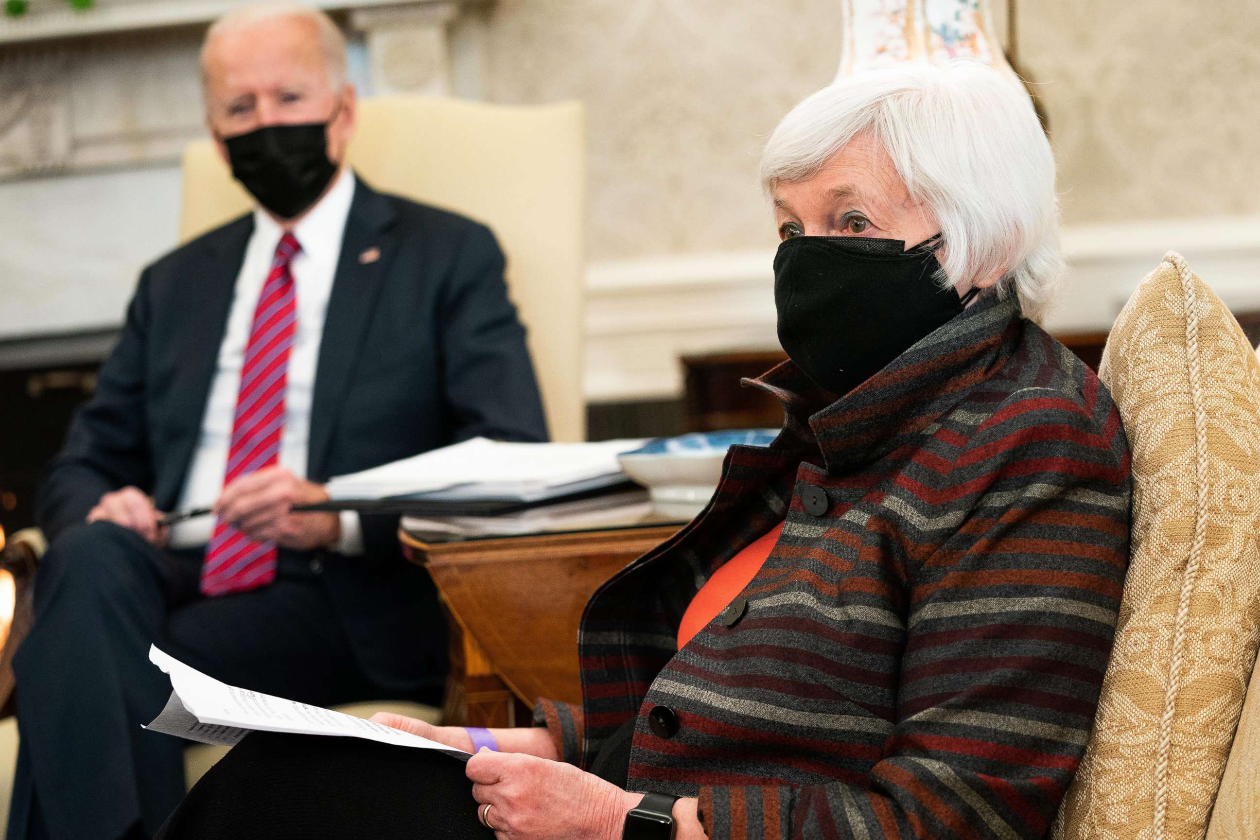 PHOTO: President Joe Biden meets with Treasury Secretary Janet Yellen
in the Oval Office of the White House on Jan. 29, 2021 in Washington.