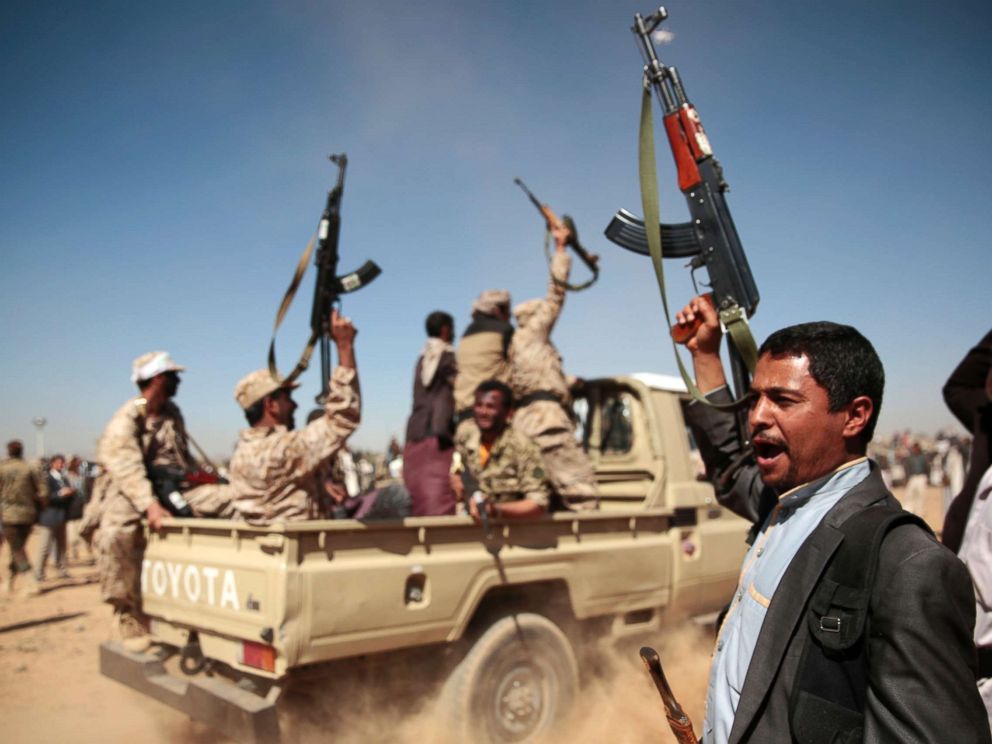 PHOTO: A tribesman loyal to Yemens Shiite Houthi rebels, right, chants slogans during a gathering aimed at mobilizing more fighters into battlefronts to fight pro-government forces in several Yemeni cities, in Sanaa, Yemen, Jan. 3, 2017.