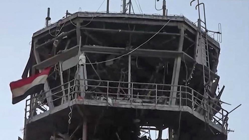 PHOTO: An image grab from a handout video provided by Yemen's Huthis' official Al-Masirah TV station, Dec. 26, 2024, shows the damage at the control tower following Israeli strikes on Sanaa airport. 