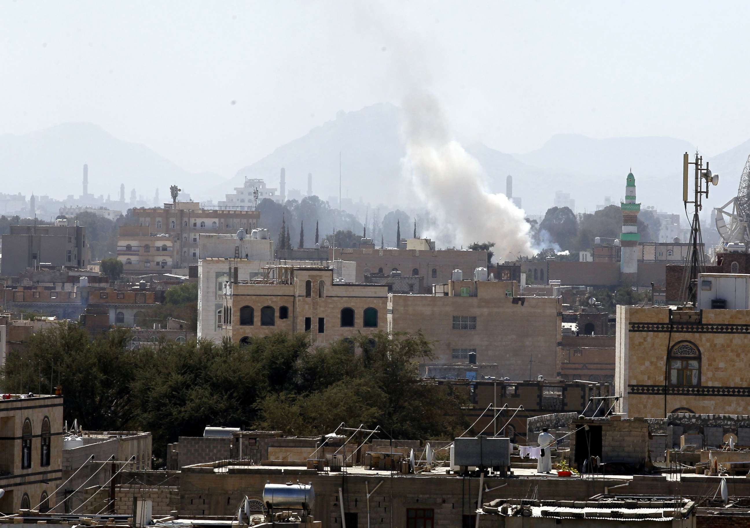 PHOTO: Smoke rises from explosions at a Houthi-held weapon depot a day after U.S. accused Iran of arming Houthi rebels with missiles, in Sana'a, Yemen, Dec. 15, 2017. 