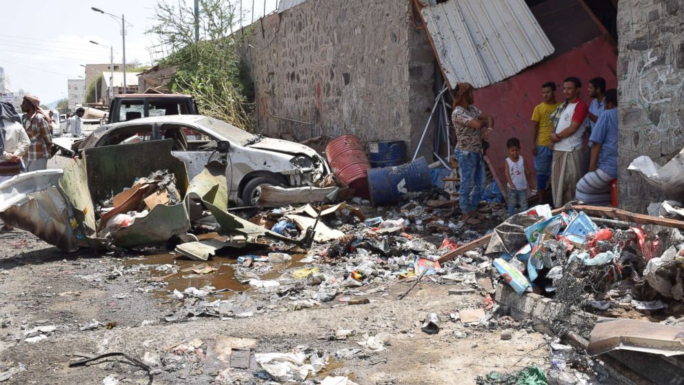PHOTO: Photo taken on March 13, 2018 shows the site of the suicide attack in Aden, Yemen.