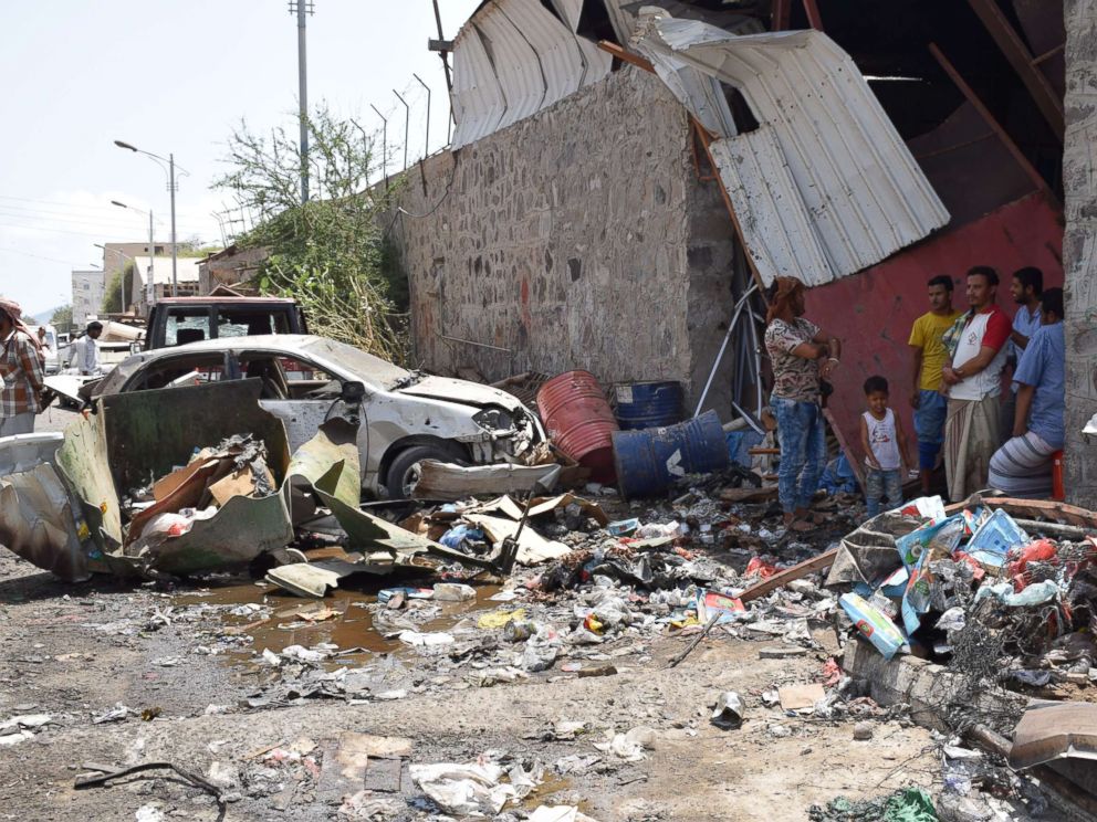 PHOTO: Photo taken on March 13, 2018 shows the site of the suicide attack in Aden, Yemen.