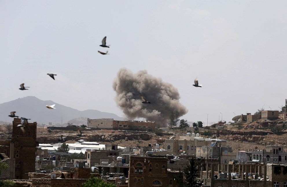 PHOTO: Dust rises from the site of a Saudi-led air strike in Sanaa, Yemen, March 30, 2020.