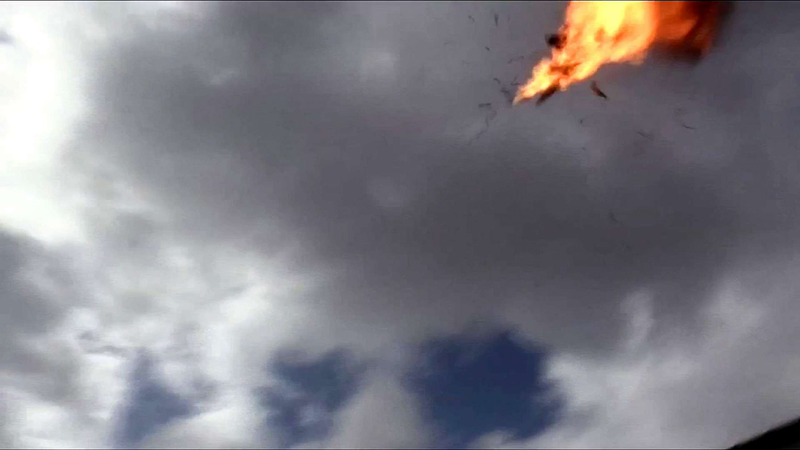 PHOTO: An image grab taken from a video obtained by AFPTV shows the moment a drone exploded above Yemen's al-Anad airbase in in the government-held southern province of Lahj, Jan. 10, 2019.