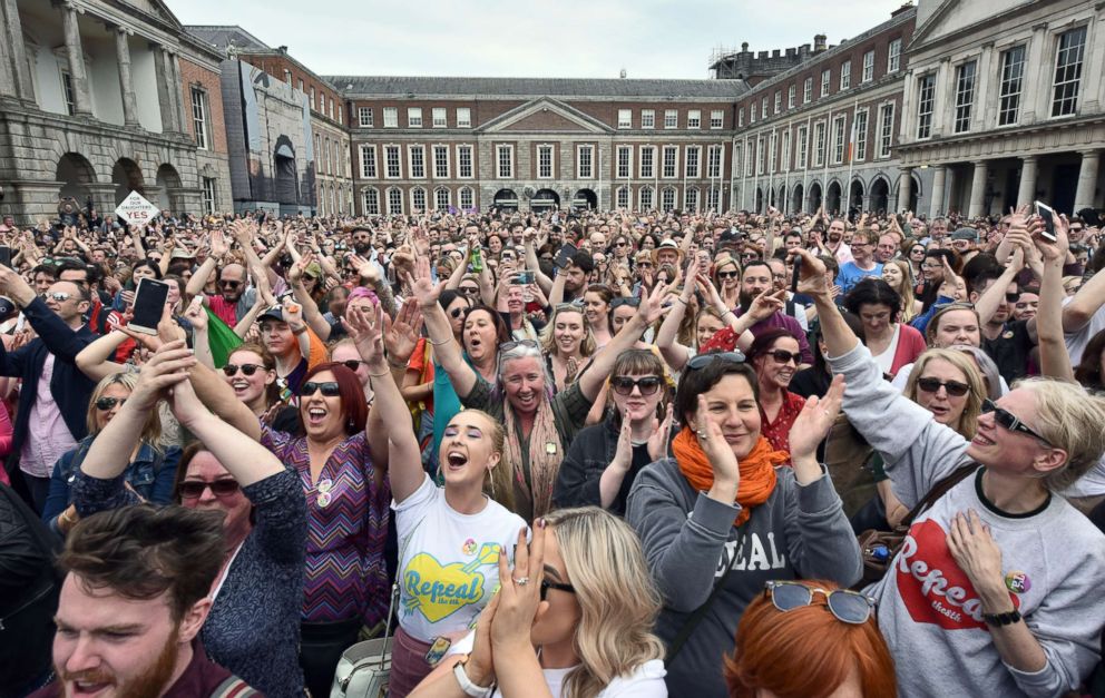 PHOTO: Yes voters celebrate as the result of the Irish referendum on the 8th amendment, concerning the country's abortion laws, is declared at Dublin Castle, May 26, 2018, in Dublin.