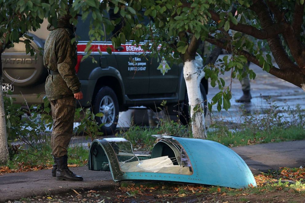 PHOTO: The wreckage of a Sukhoi Su-34 military jet is seen at the crash site in the courtyard of a residential area in the town of Yeysk in southwestern Russia on Oct. 18, 2022.