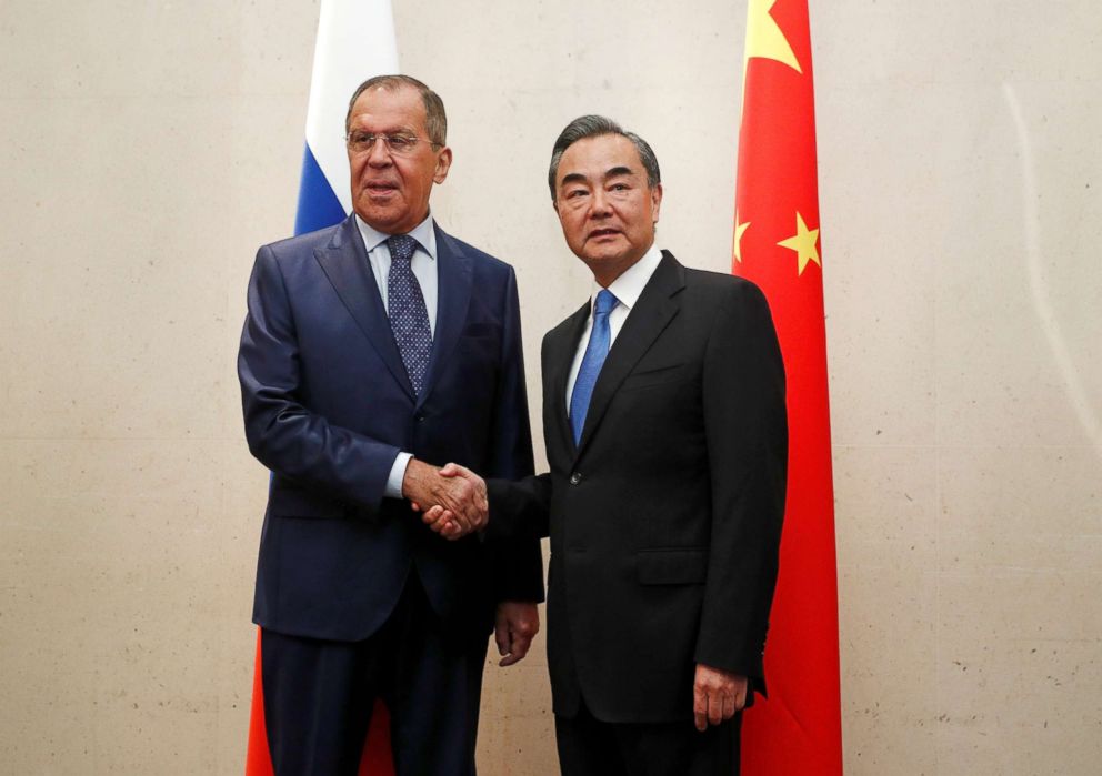 PHOTO: Russia's Foreign Minister Sergei Lavrov meets with China's Foreign Minister Wang Yi on the sidelines of the ASEAN Foreign Ministers' Meeting in Singapore, Aug. 2, 2018.