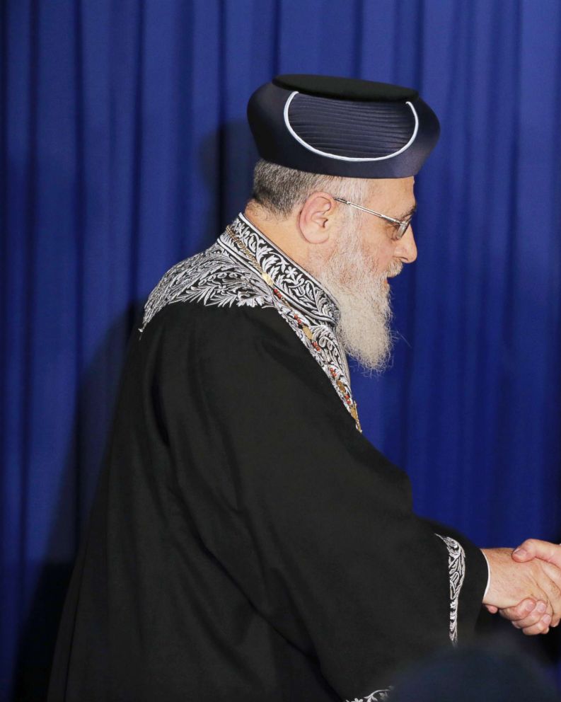 PHOTO: Israeli Sephardi Chief Rabbi, Yitzhak Yosef, during a visit to the Heichal Shlomo Center in Jerusalem in this May 26, 2014 file photo.