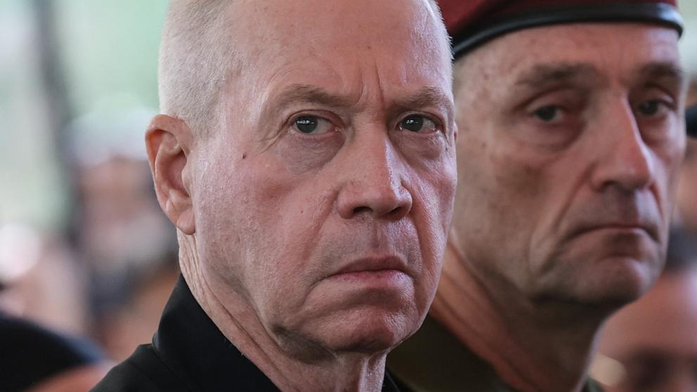 PHOTO: Israel's Defence Minister Yoav Gallant, left, and Chief of the General Staff Lieutenant-General Herzi Halevi attend a ceremony, Oct. 27, 2024, in Jerusalem.