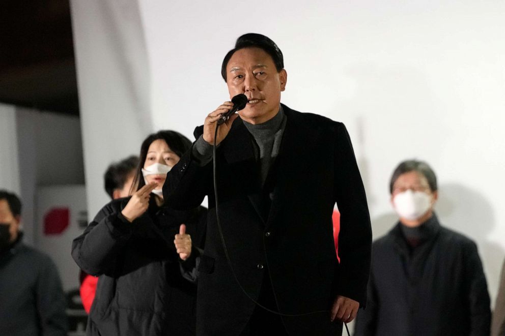 PHOTO: Yoon Suk Yeol, the presidential candidate of the main opposition People Power Party speaks during a presidential election campaign in Seoul, South Korea, March 8, 2022.
