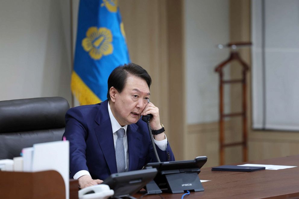 PHOTO: In this photo provided by South Korean Presidential Office, South Korean President Yoon Suk Yeol talks on the phone with Japanese Prime Minister Fumio Kishida in Seoul, South Korea, on Oct. 6, 2022.
