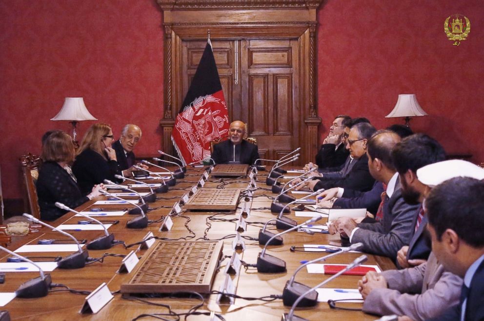 PHOTO: Afghan President Ashraf Ghani receives U.S. special envoy to Afghanistan Zalmay Khalilzad at the presidential palace in Kabul, Afghanistan, Jan. 28, 2019.

