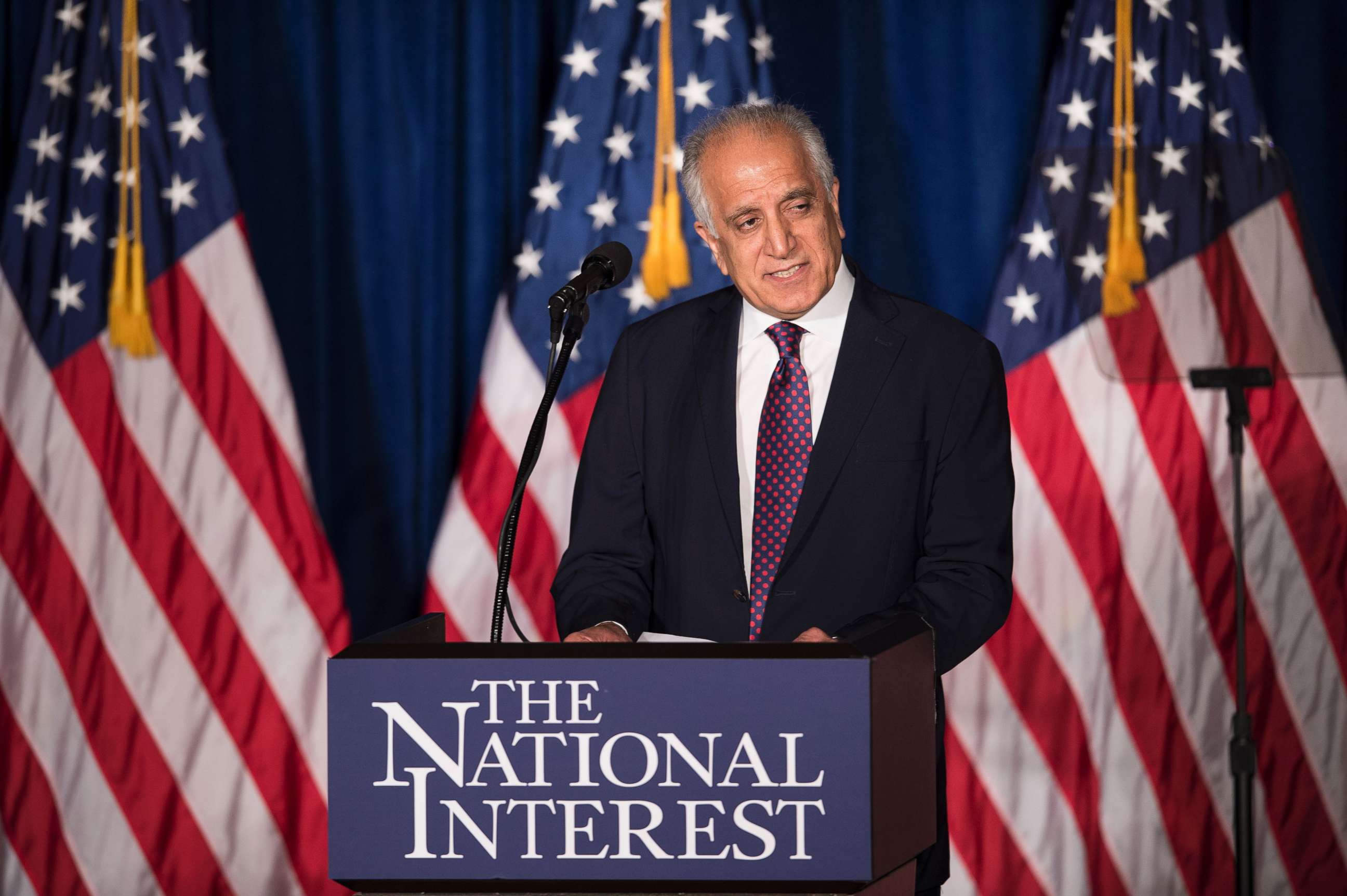 PHOTO: Former Ambassador to Afghanistan, Zalmay Khalilzad, speaks before Republican  Presidential hopeful Donald Trump at the Mayflower Hotel in Washington, April 27, 2016.