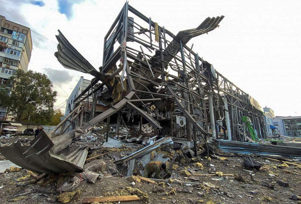 PHOTO: A view shows an office building of a car retailer destroyed during a Russian missile attack in Zaporizhzhia, Ukraine, Oct. 11, 2022.