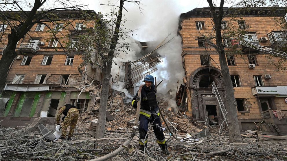 PHOTO: A rescuer works at the site of a residential building heavily damaged by a Russian missile strike, amid their attack on Ukraine, in Zaporizhzhia, Ukraine, on Oct. 6, 2022.
