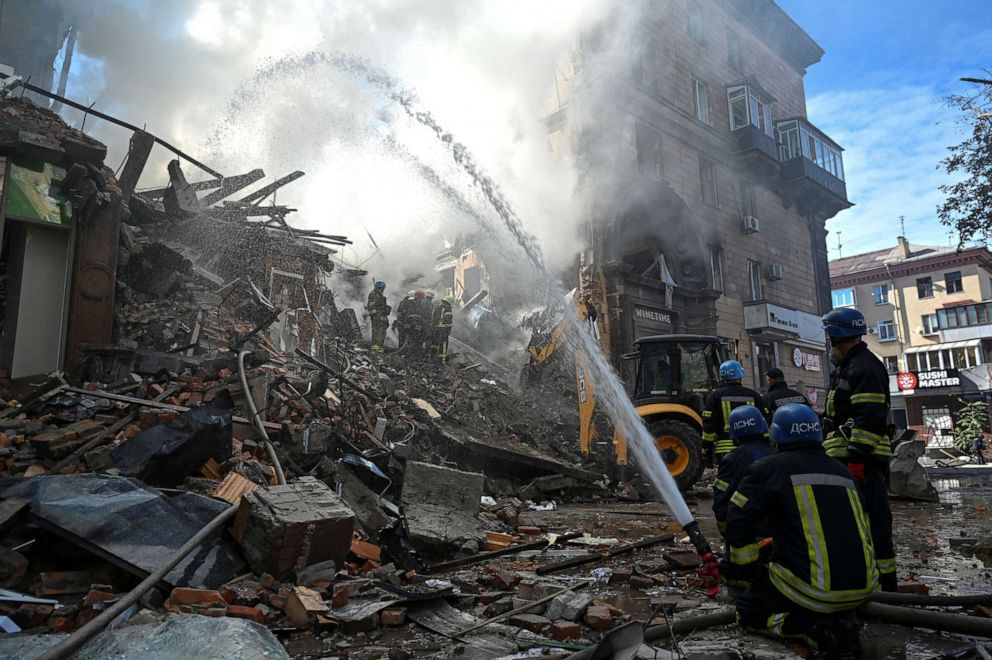 PHOTO: RRescuers work at the site of a residential building heavily damaged by a Russian missile strike, amid their attack on Ukraine, in Zaporizhzhia, Ukraine, Oct. 6, 2022.