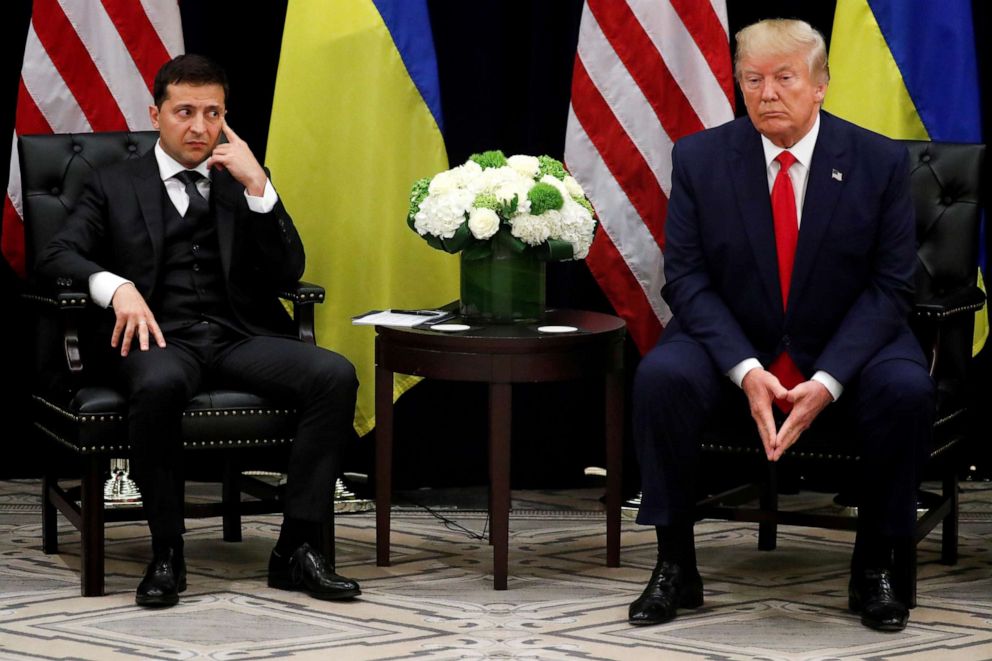 PHOTO: Ukraine's President Volodymyr Zelenskiy listens during a bilateral meeting with U.S. President Donald Trump on the sidelines of the 74th session of the United Nations General Assembly (UNGA) in New York City, Sept. 25, 2019.