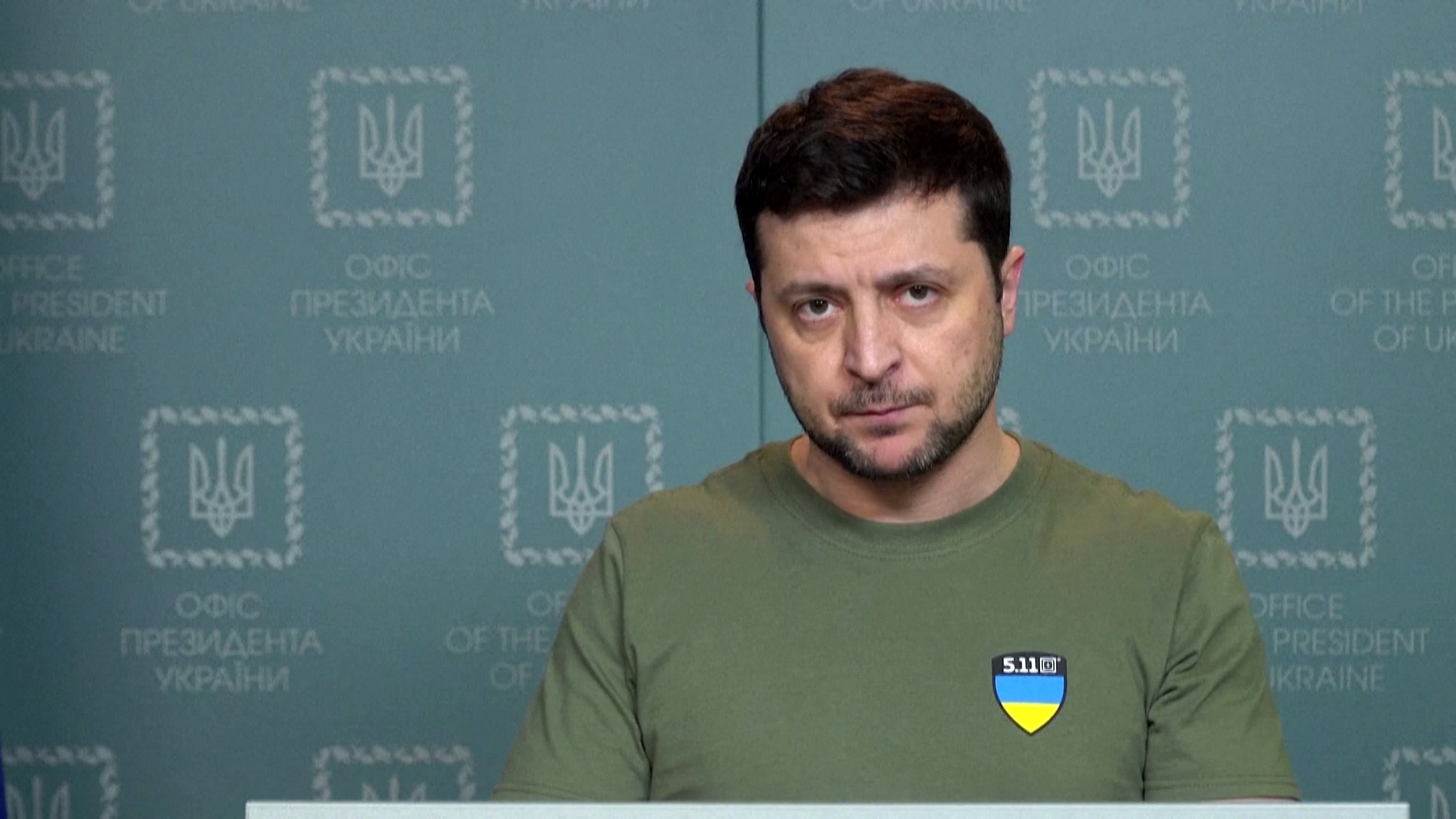 PHOTO: This handout video grab taken and released by the Ukraine Presidency press service on March 3, 2022 shows Ukrainian President Volodymyr Zelensky delivering an address in Kyiv.
