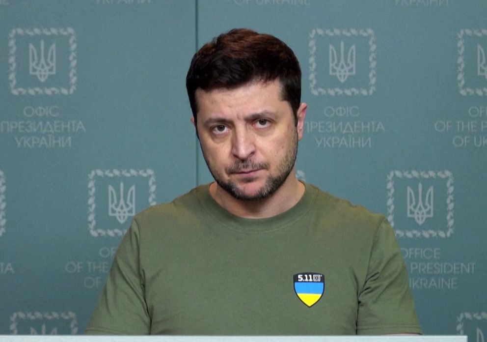 PHOTO: This handout video grab taken and released by the Ukraine Presidency press service on March 3, 2022 shows Ukrainian President Volodymyr Zelensky delivering an address in Kyiv.