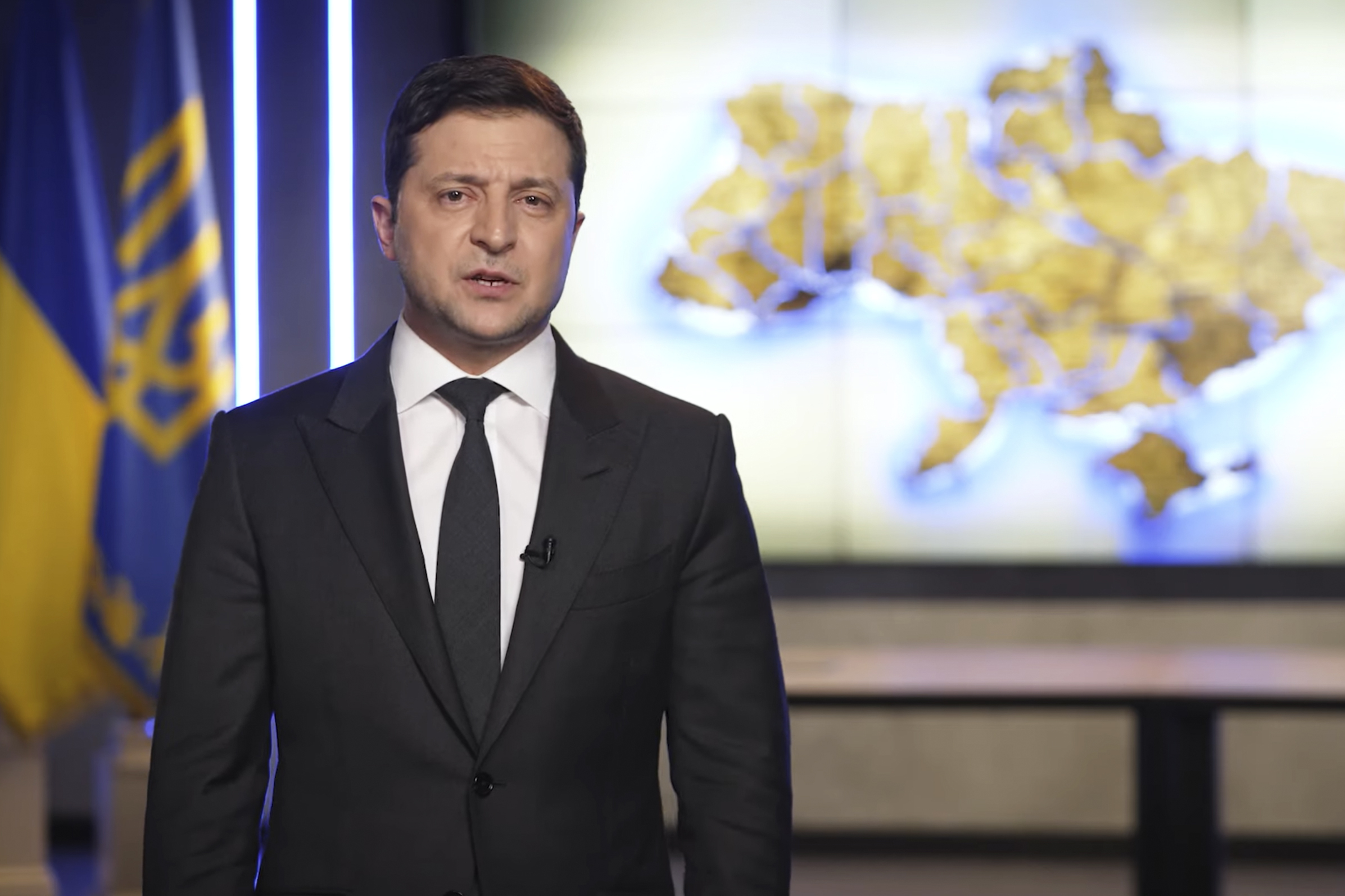 PHOTO: In this handout photo taken from video provided by the Ukrainian Presidential Press Office, Ukrainian President Volodymyr Zelenskyy addresses the nation in Kyiv, Ukraine, Feb. 24, 2022. Zelenskyy declared martial law.