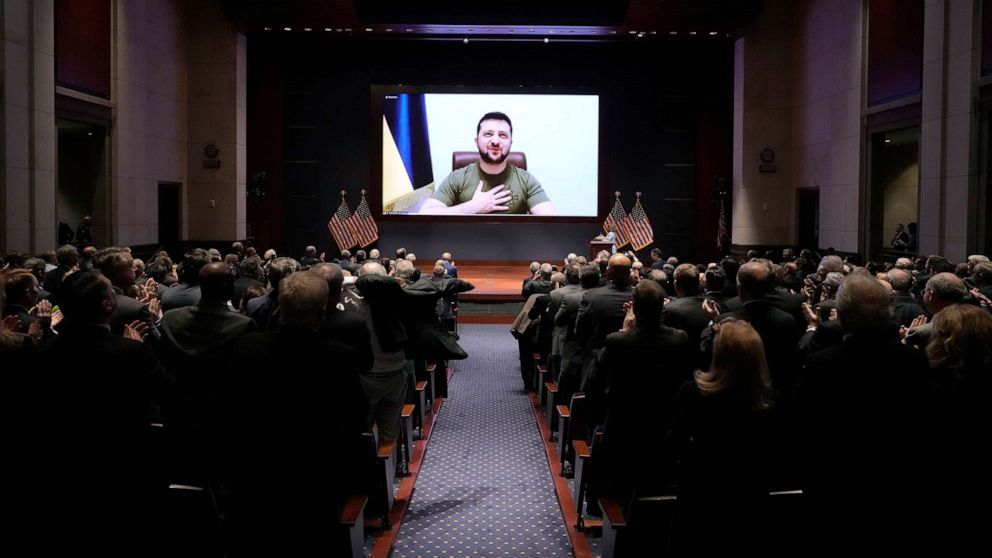 PHOTO: Ukrainian President Volodymyr Zelenskyy delivers a virtual address to Congress at the U.S. Capitol on March 16, 2022 in Washington, D.C. Zelenskyy addressed Congress as Ukraine continues to defend itself from an ongoing Russian invasion.
