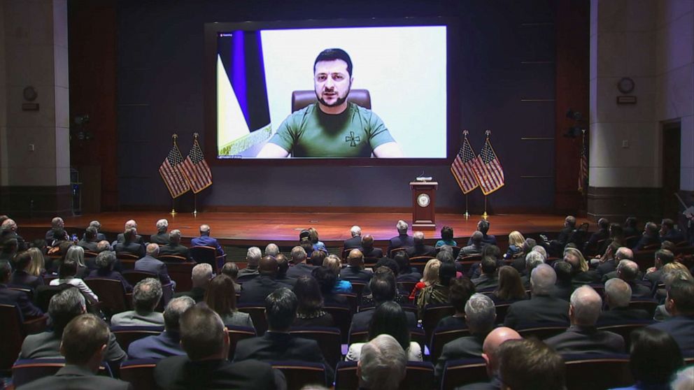 PHOTO: Ukrainian President Volodymyr Zelenskyy addresses members of Congress from Kyiv, March 16, 2022, in Washington, D.C. 