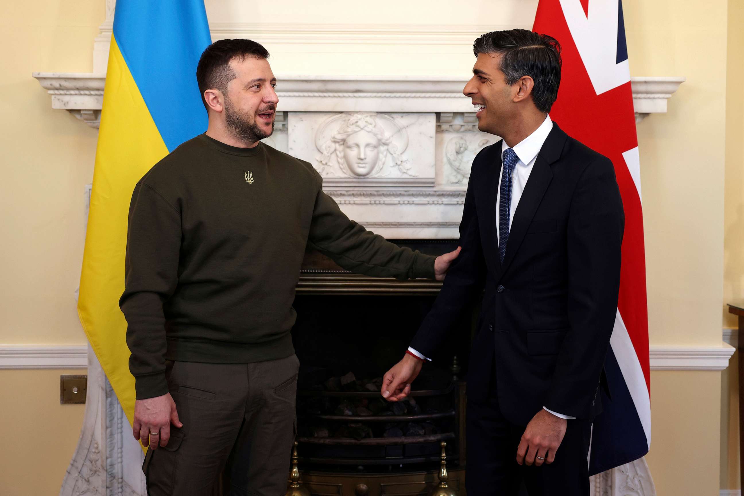 PHOTO: Ukraine's President Volodymyr Zelenskyy meets Britain's Prime Minister Rishi Sunak, right, inside Downing Street in London, Feb. 8, 2023.