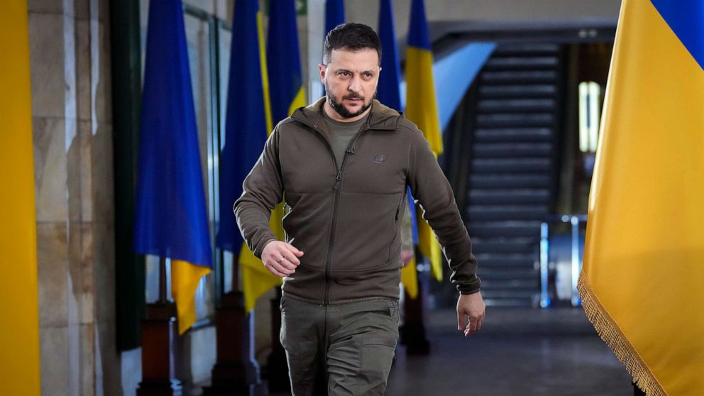 PHOTO: Ukrainian President Volodymyr Zelenskyy arrives for a press conference in a city subway under a central square in Kyiv, Ukraine, April 23, 2022.