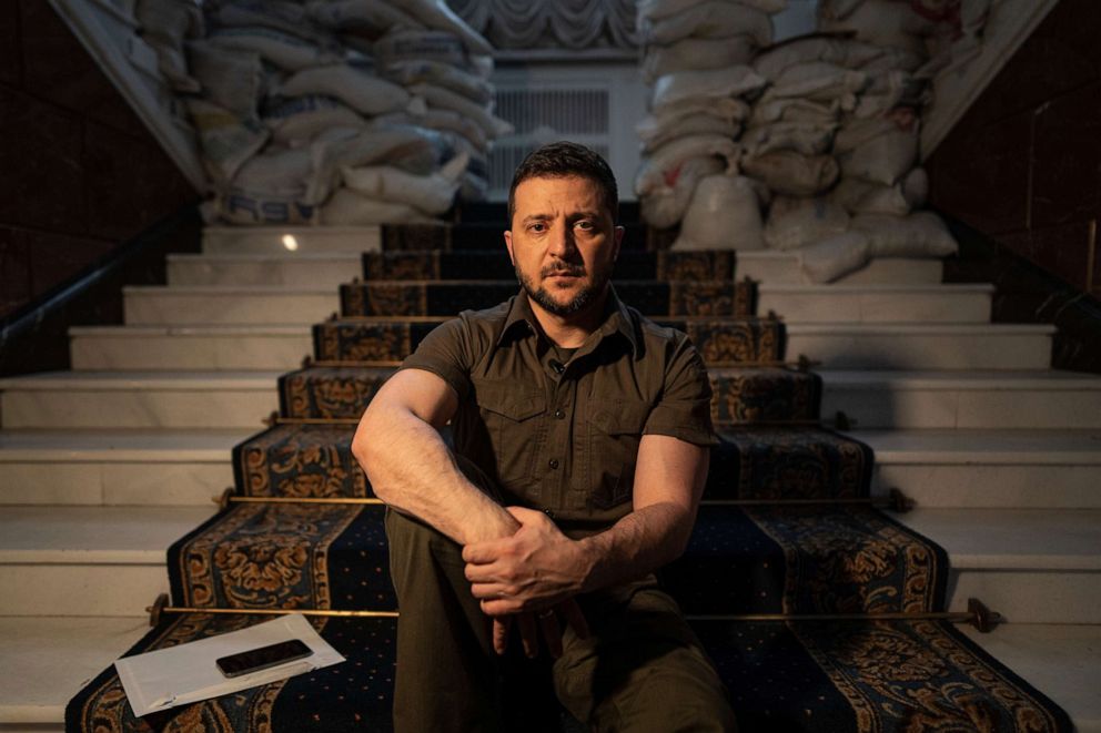 PHOTO: Ukrainian President Volodymyr Zelenskyy speaks during an interview with The Associated Press in his office in Kyiv, Ukraine, April 9, 2022.