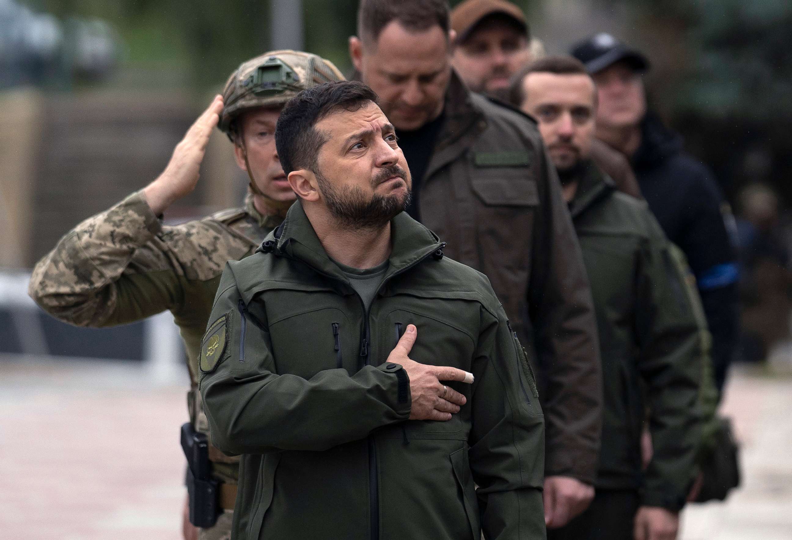 PHOTO: Ukrainian President Volodymyr Zelenskyy takes part in a national flag-raising ceremony in Izium, Ukraine, Sept. 14, 2022, after the town was retaken from Russian forces.