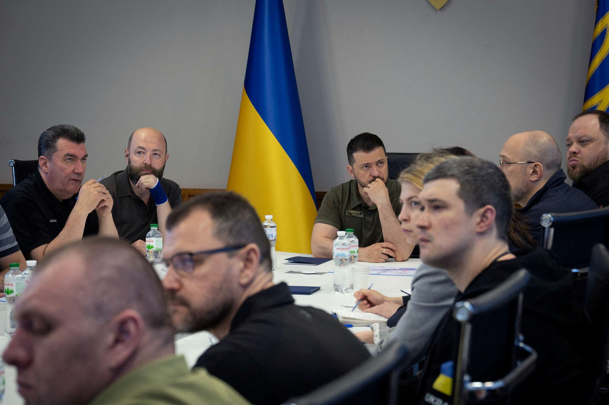 PHOTO: Ukraine's President Volodymyr Zelenskyy holds an emergency meeting with top state and regional officials concerning the Kakhovka dam destruction, in Kyiv, Ukraine, June 6, 2023.