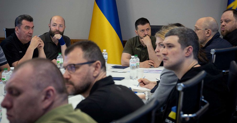 PHOTO: Ukraine's President Volodymyr Zelenskyy holds an emergency meeting with top state and regional officials concerning the Kakhovka dam destruction, in Kyiv, Ukraine, June 6, 2023.