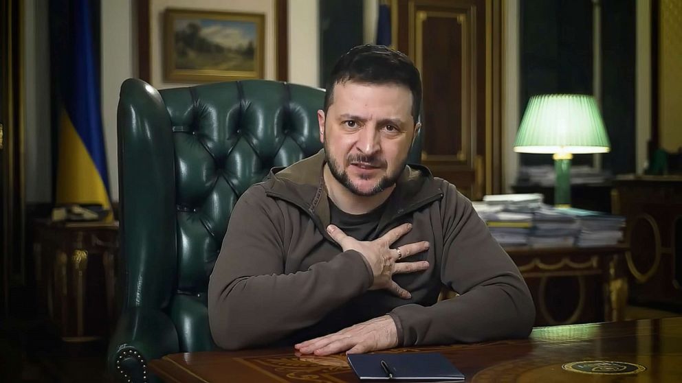 PHOTO: Ukrainian President Volodymyr Zelenskyy speaks from Kyiv, Ukraine, in an image from video, April 16, 2022.