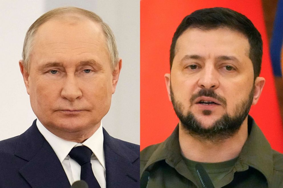 PHOTO: Russian President Vladimir Putin at the Kremlin in Moscow, on April 26, 2022, and Ukrainian President Volodymyr Zelenskyy in Kyiv, Ukraine, on May 8, 2022